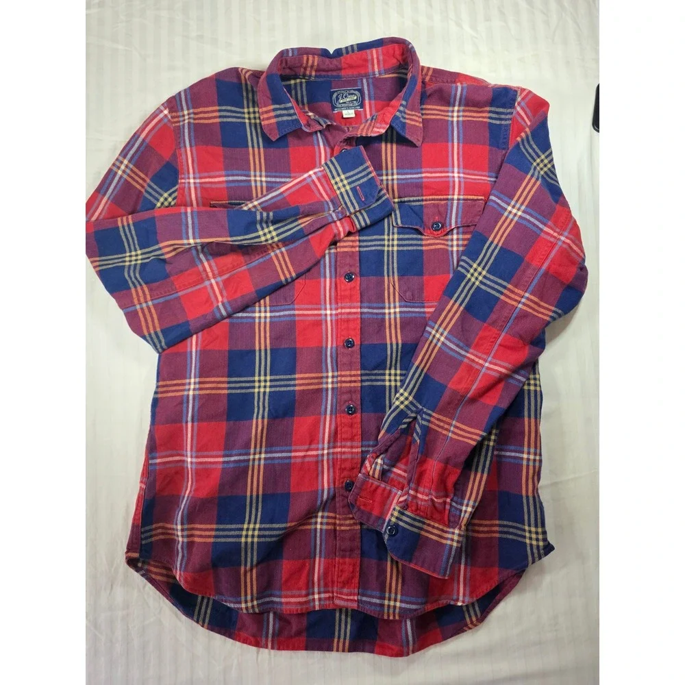 J. Crew Mens Large Red Navy Blue Plaid Flannel Button Down Shirt Long Sleeve L